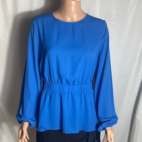 NY&Co Royal Blue Long Sleeve Peplum Blouse M Back Tie Stretch Waist - Picture 1 of 9